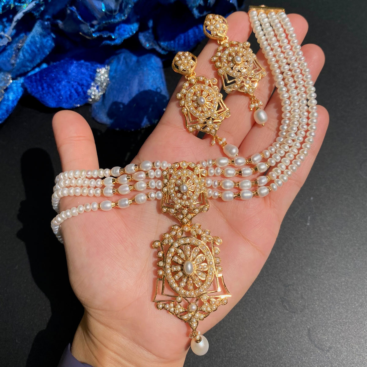 Vintage-Inspired Pearl Choker Set with Statement Earrings | Gold Plated 925 Silver NS 498