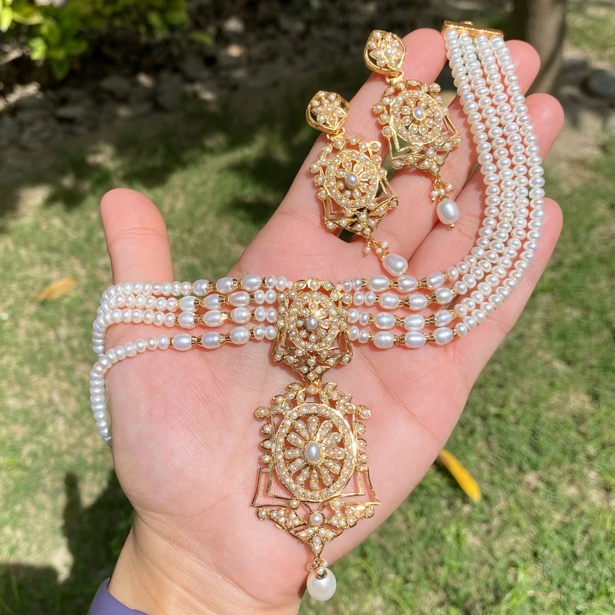 Vintage-Inspired Pearl Choker Set with Statement Earrings | Gold Plated 925 Silver NS 498