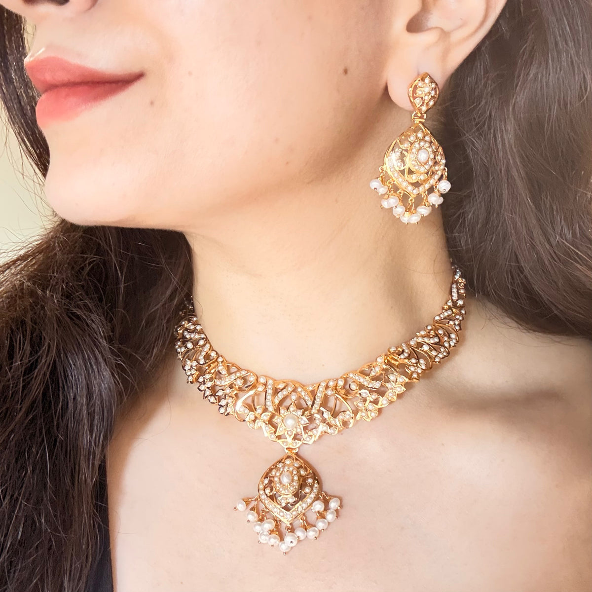 Vintage-Inspired Pearl Necklace & Earrings Set | Gold Plated on Silver 925 NS 496