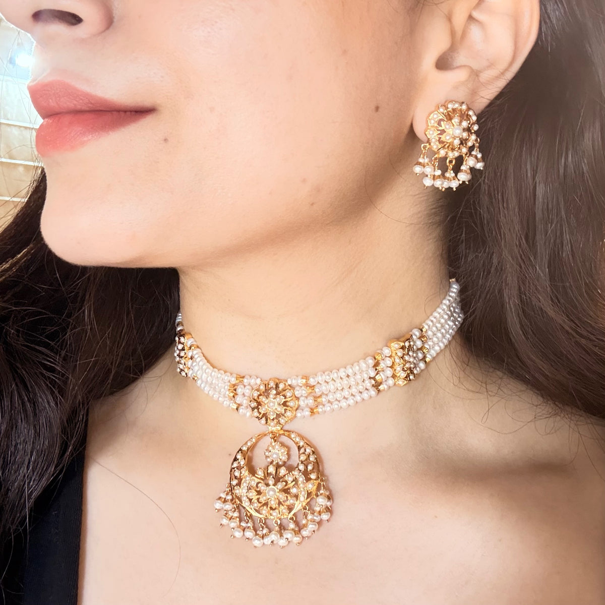 Pearl Choker Set with Floral Medallions & Matching Earrings | Gold Plated on 925 Silver NS 494