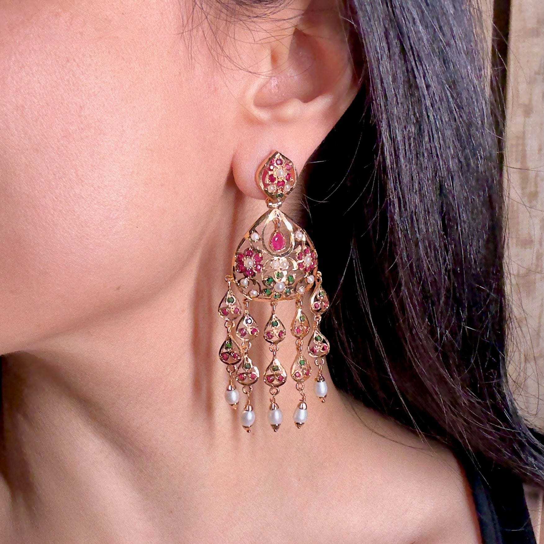 Long Jadau Danglers on Silver Base | Gold Plated ER 554