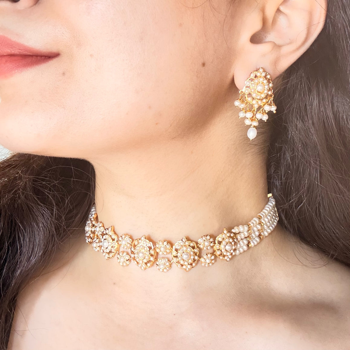 Elegant Pearl Choker Set Matched with Stud Earrings | Gold Plated on 925 Silver NS 497