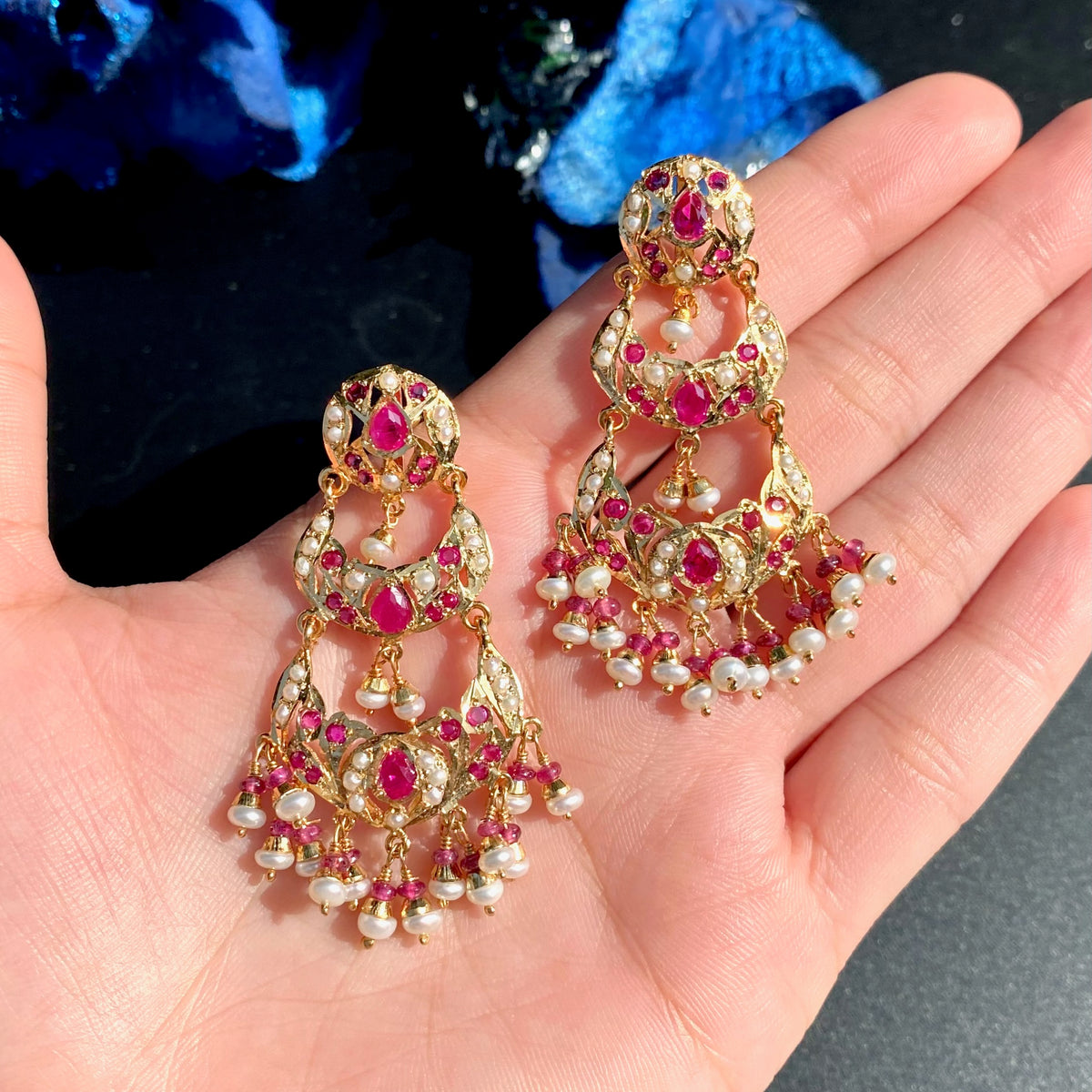 Ruby-Toned & Pearl Tiered Chandbali Earrings | Gold Plated on 925 Silver ER 804