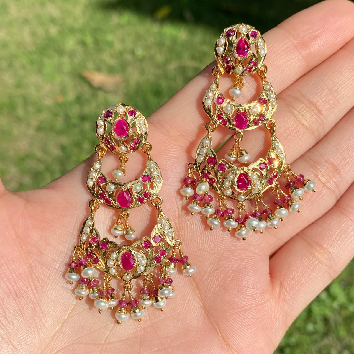 Ruby-Toned & Pearl Tiered Chandbali Earrings | Gold Plated on 925 Silver ER 804