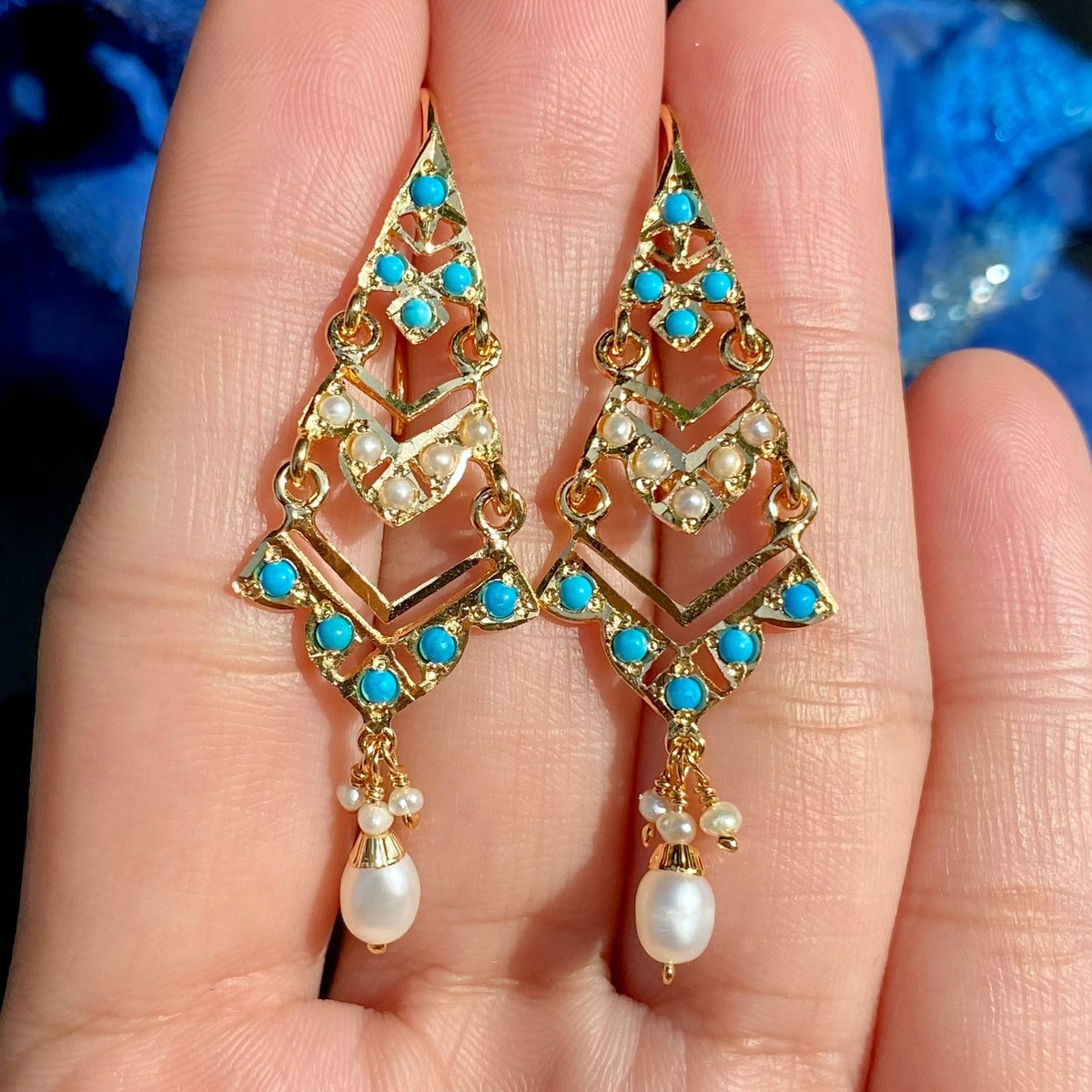 Dainty Turquoise & Pearl Geometric Drop Earrings | Gold Plated on Silver ER 802