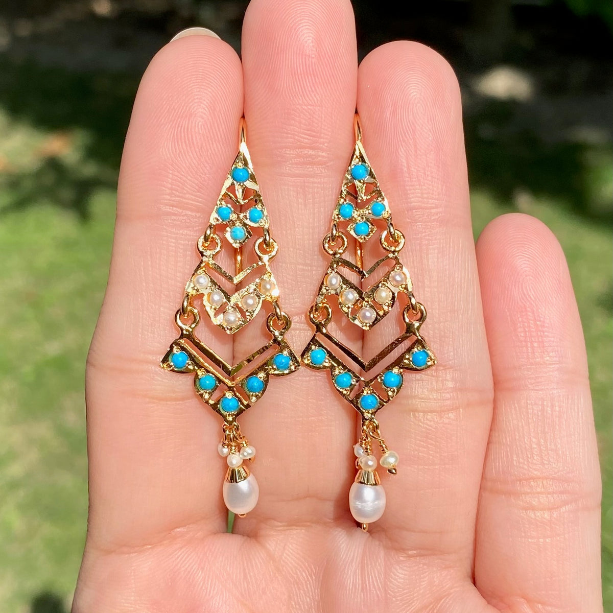 Dainty Turquoise & Pearl Geometric Drop Earrings | Gold Plated on Silver ER 802