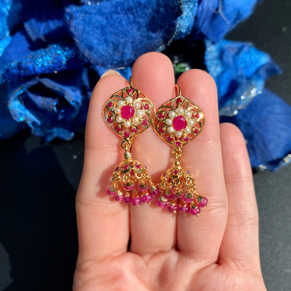 Ruby-Toned Floral Jhumka Earrings with Pearl Accents | Gold Plated on Silver ER 814
