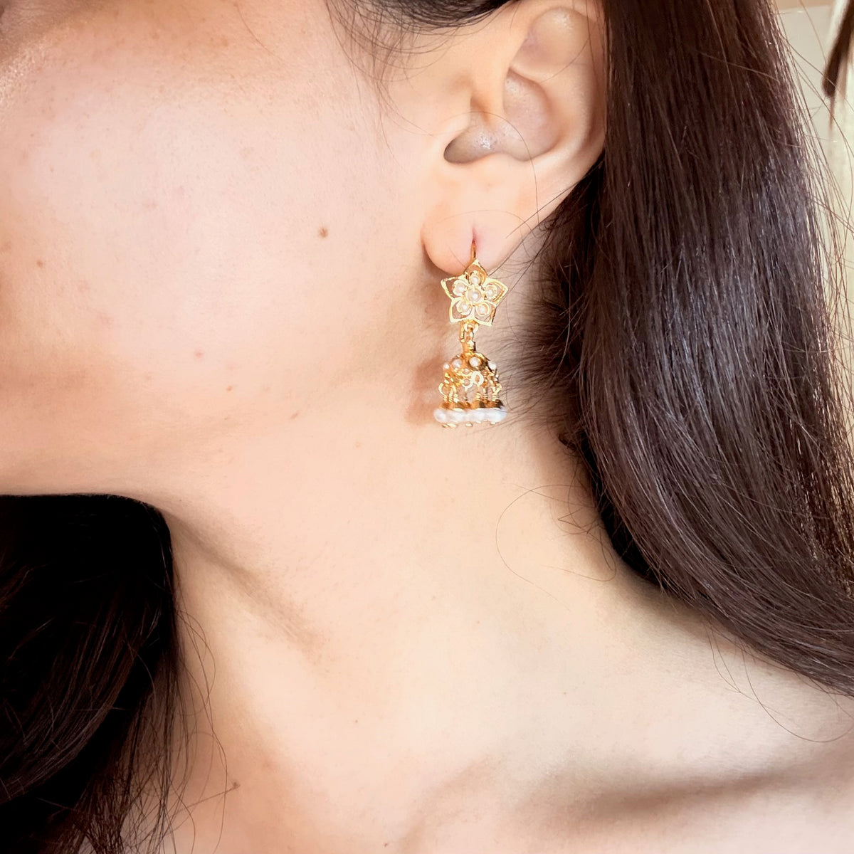 Dainty Pearl Jhumka with Fish hook Closure | Gold Plated on Silver ER 810