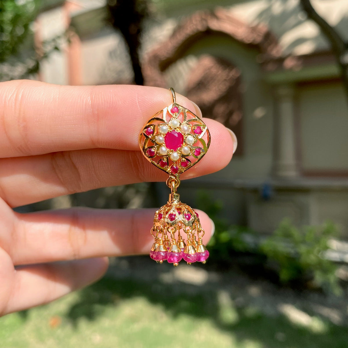 Ruby-Toned Floral Jhumka Earrings with Pearl Accents | Gold Plated on Silver ER 814