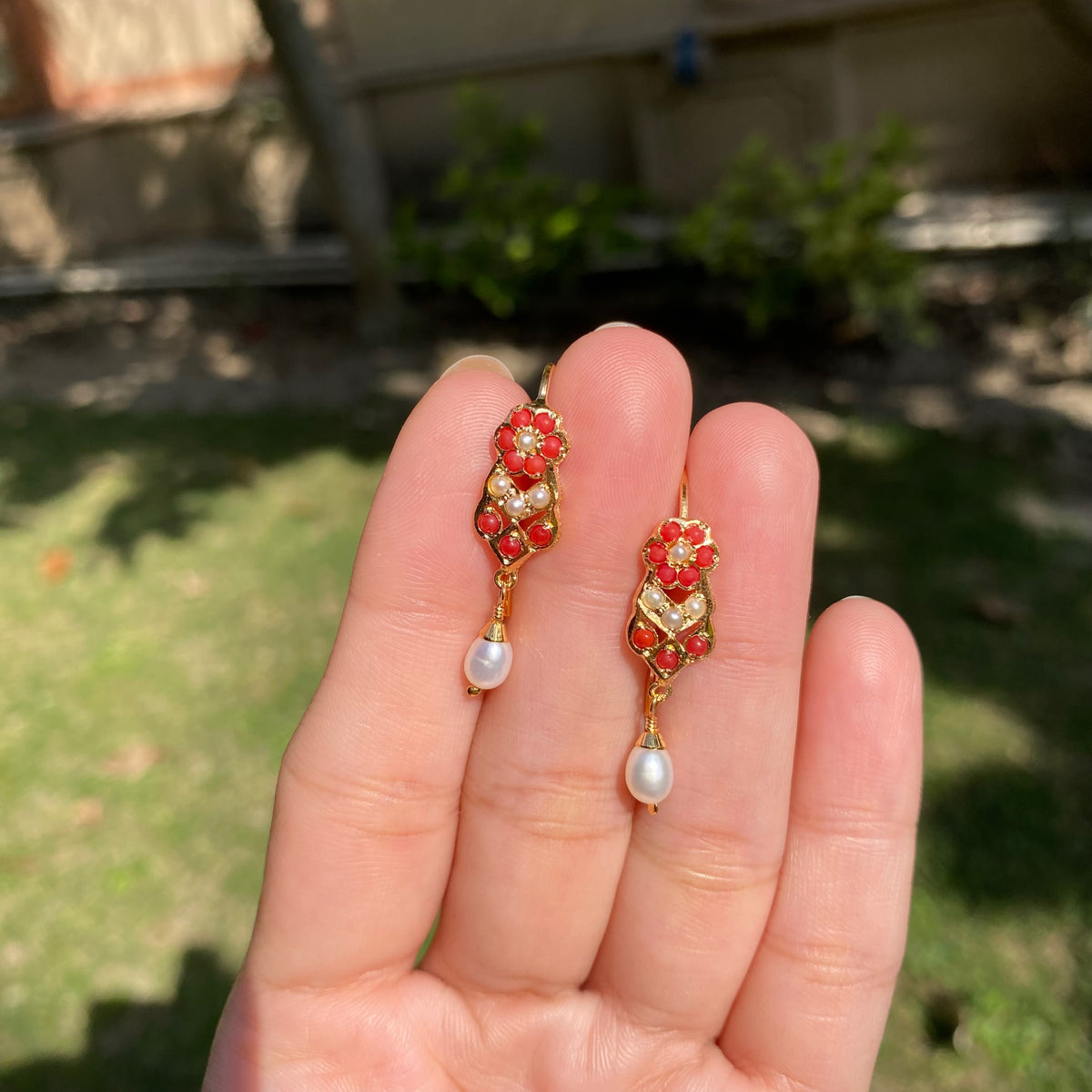 Dainty Pearl & Coral Earrings | Gold Plated on Silver ER 813