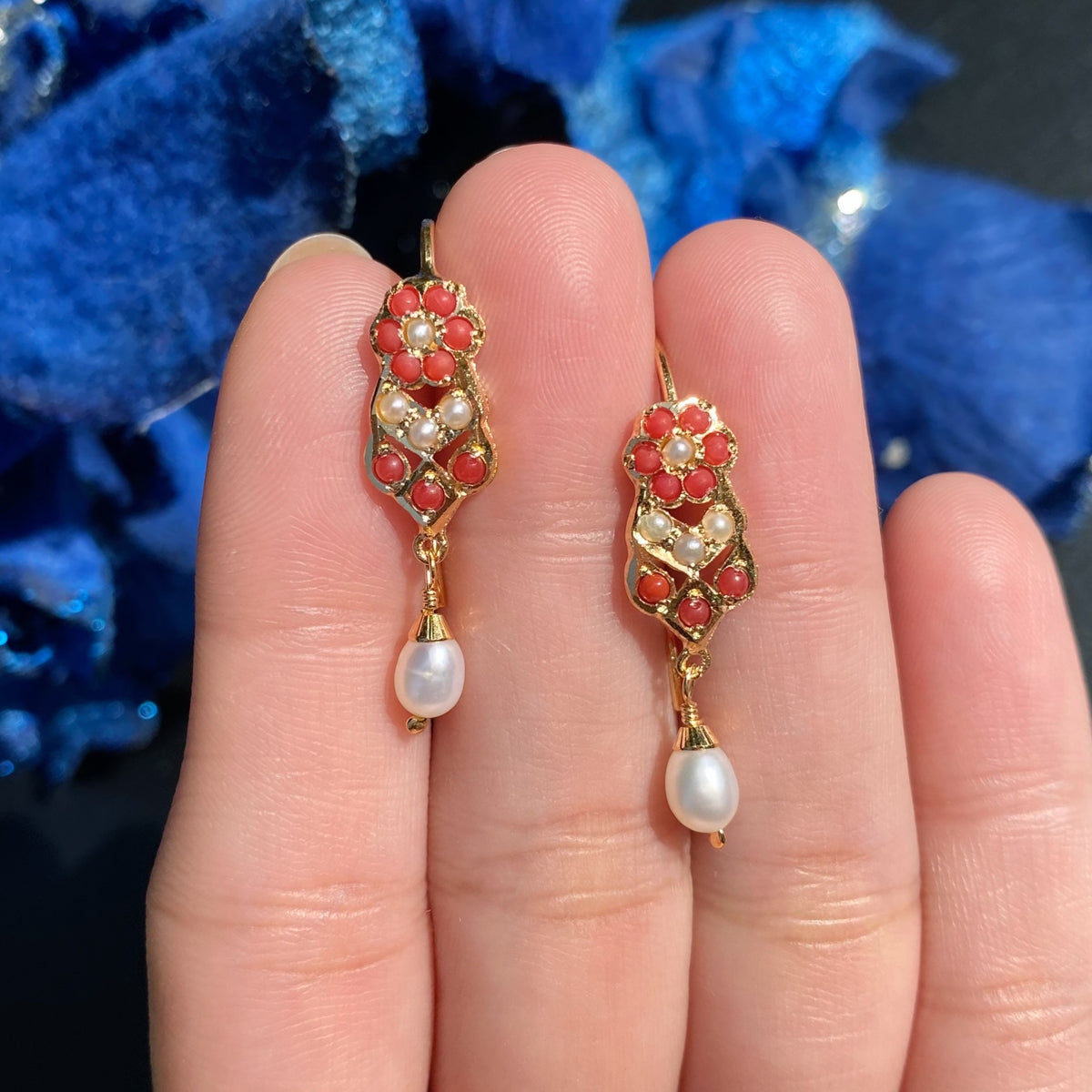 Dainty Pearl & Coral Earrings | Gold Plated on Silver ER 813