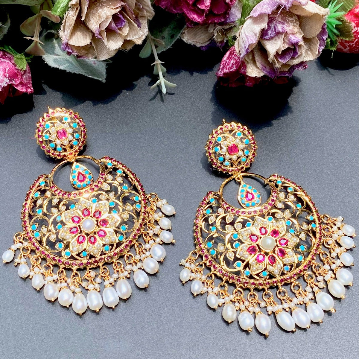 traditional pakistani gold polished silver earrings