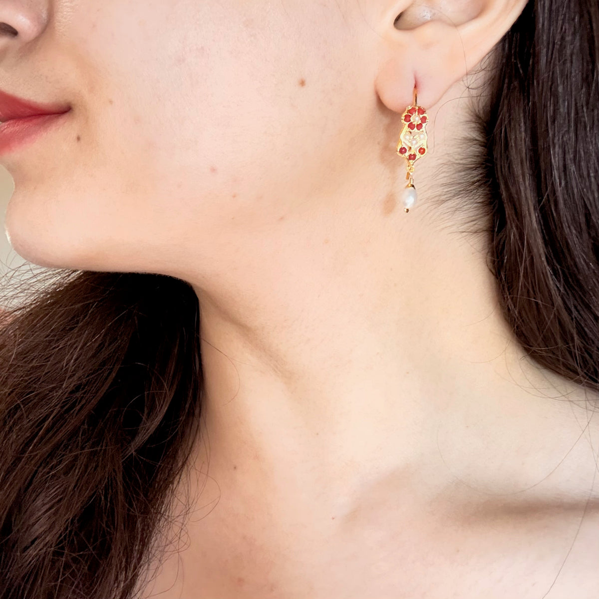 Dainty Pearl & Coral Earrings | Gold Plated on Silver ER 813