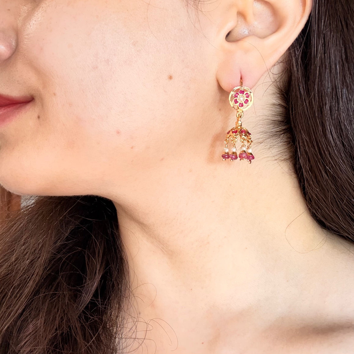 Dainty Jadau Jhumki in Ruby-Red Stones & Pearl Combination | Gold Plated on Silver ER 816