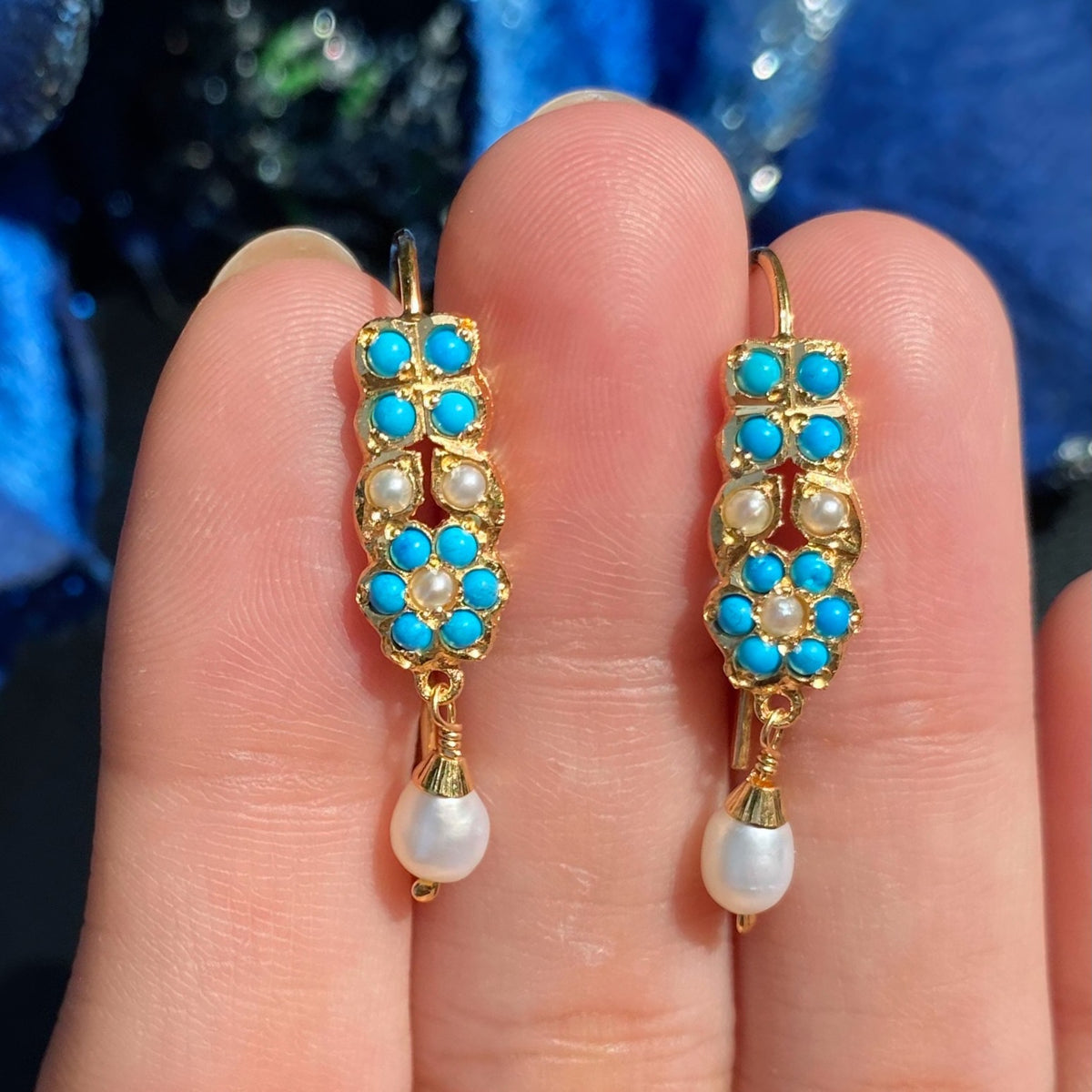 Dainty Turquoise& Pearl Floral Drop Earrings | Gold Plated on Silver ER 801