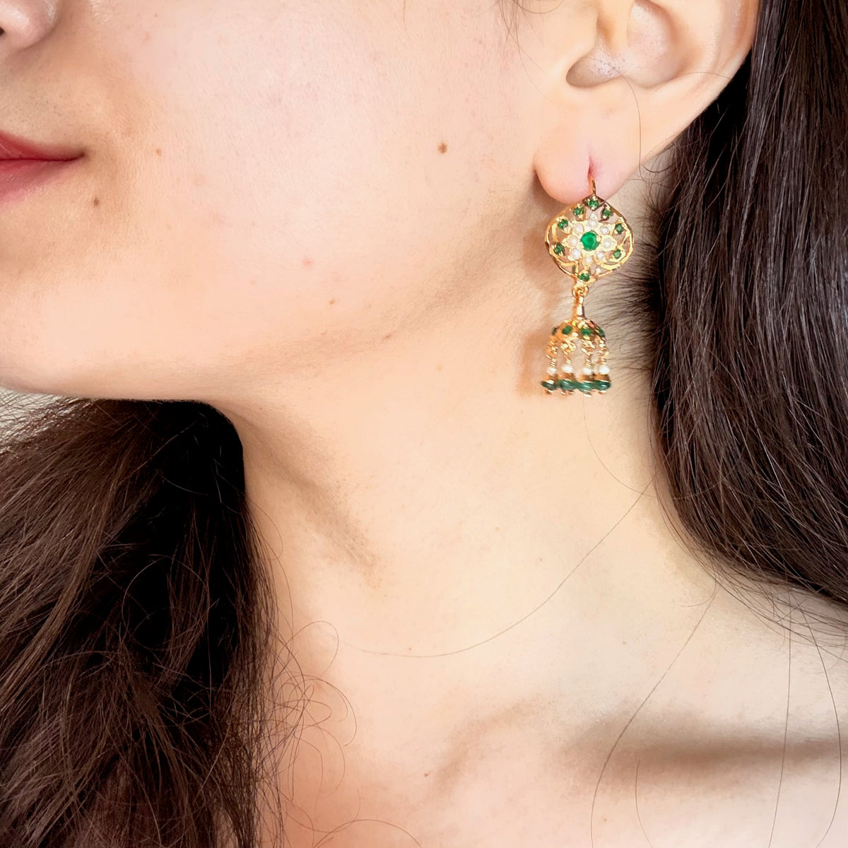 Dainty Fish-hook style Jadau Earrings | Gold Plated on Silver ER 806