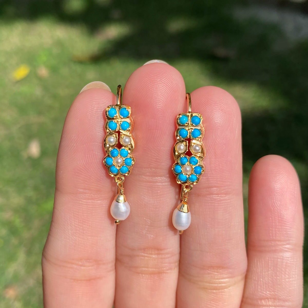 Dainty Turquoise& Pearl Floral Drop Earrings | Gold Plated on Silver ER 801