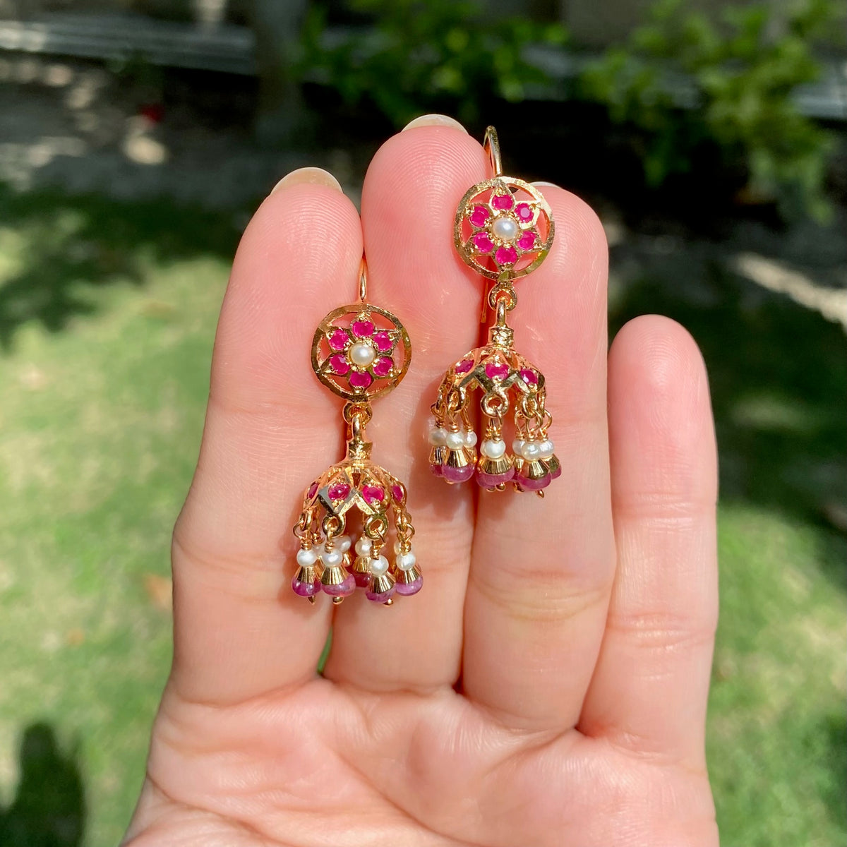 Dainty Jadau Jhumki in Ruby-Red Stones & Pearl Combination | Gold Plated on Silver ER 816