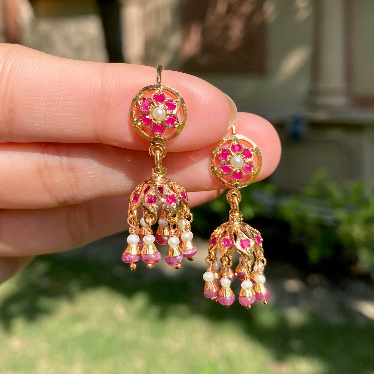 Dainty Jadau Jhumki in Ruby-Red Stones & Pearl Combination | Gold Plated on Silver ER 816