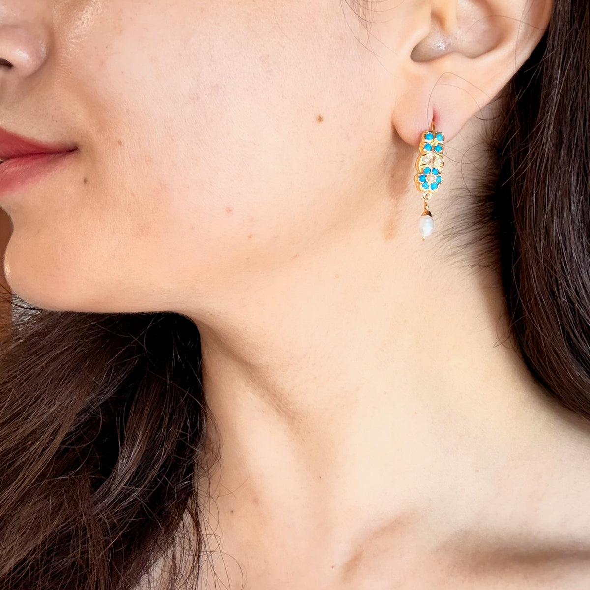 Dainty Turquoise& Pearl Floral Drop Earrings | Gold Plated on Silver ER 801