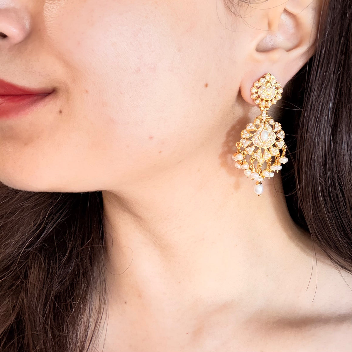 Dainty Pearl Drop Jadau Earrings | Gold Plated on Silver ER 807