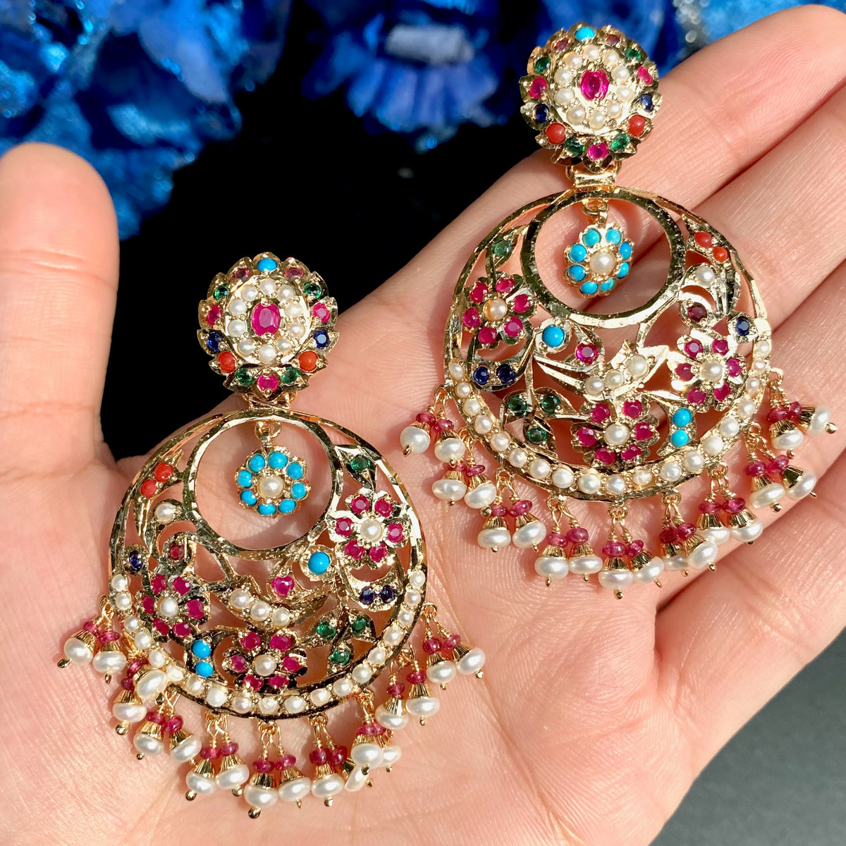 Traditional Punjabi Navratan Chandbali Earrings in Gold-Plated 925 Silver ER 820