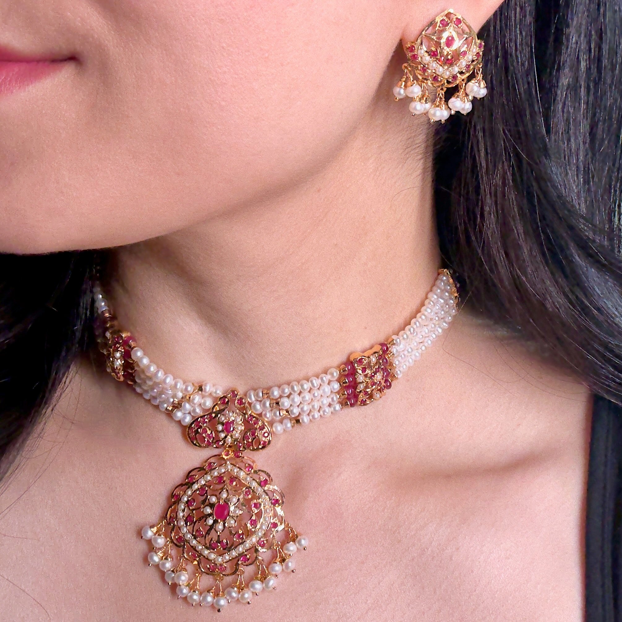 Ruby Choker Set | Gold Plated Jadau Necklace Set on Silver