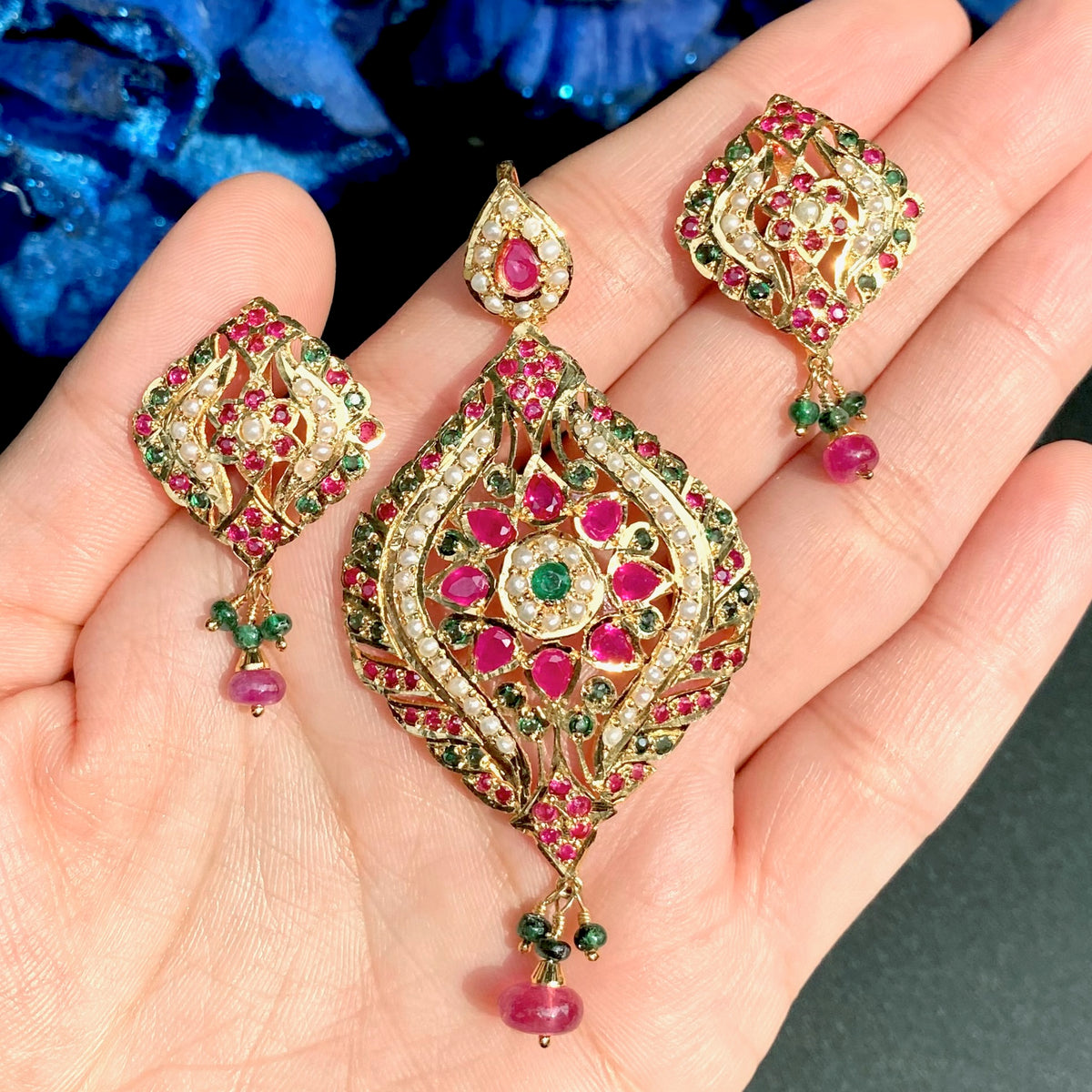 Ruby Emerald Tone Jadau Pendant Set in Gold-Plated 925 Silver PS 148