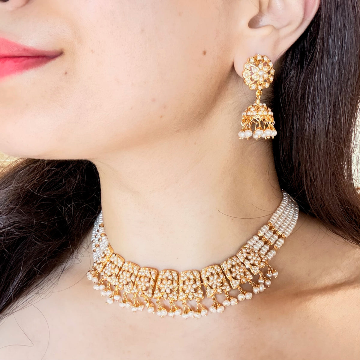 Pearl Jadau Choker Set with Jhumka Earrings in Gold-Plated 925 Silver NS 502