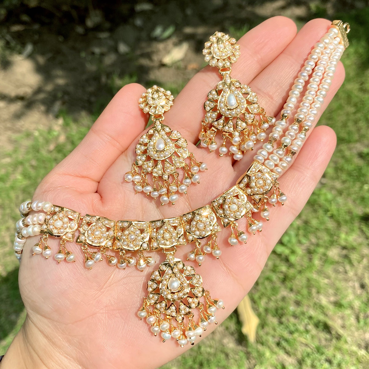 Sleek Pearl Jadau Choker Set in Gold-Plated 925 Silver NS 501
