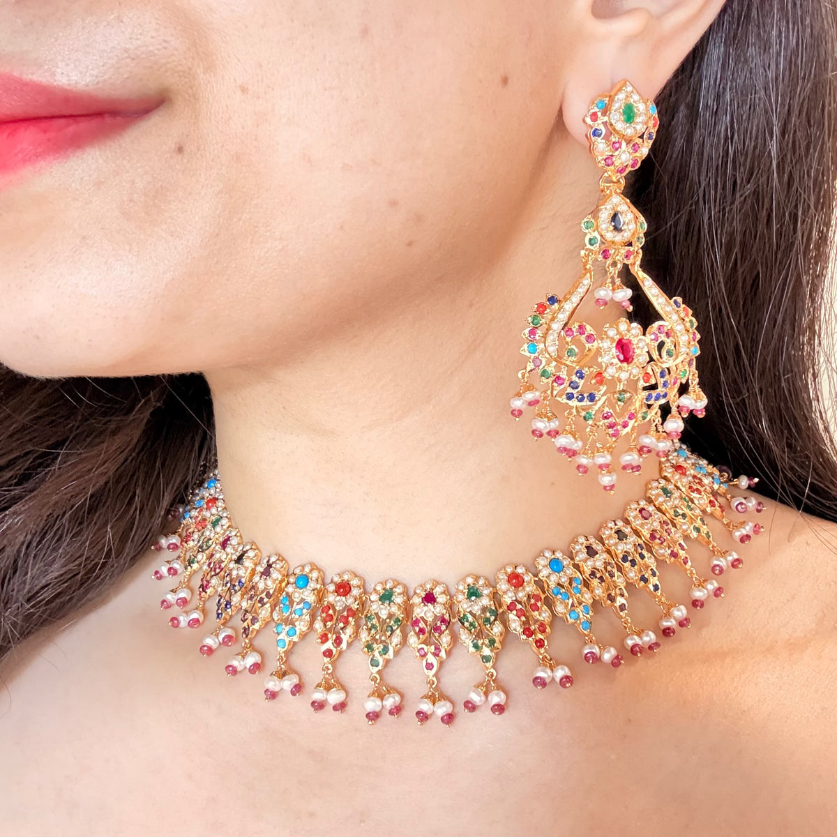 Exquisite Jadau Navratna Set with Statement Earrings | Gold Plated on 925 Silver NS 500