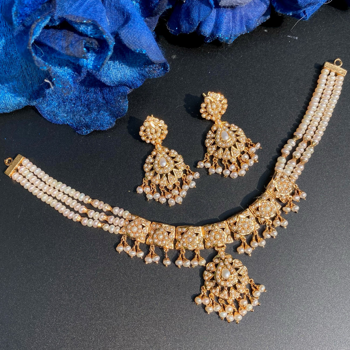 Sleek Pearl Jadau Choker Set in Gold-Plated 925 Silver NS 501