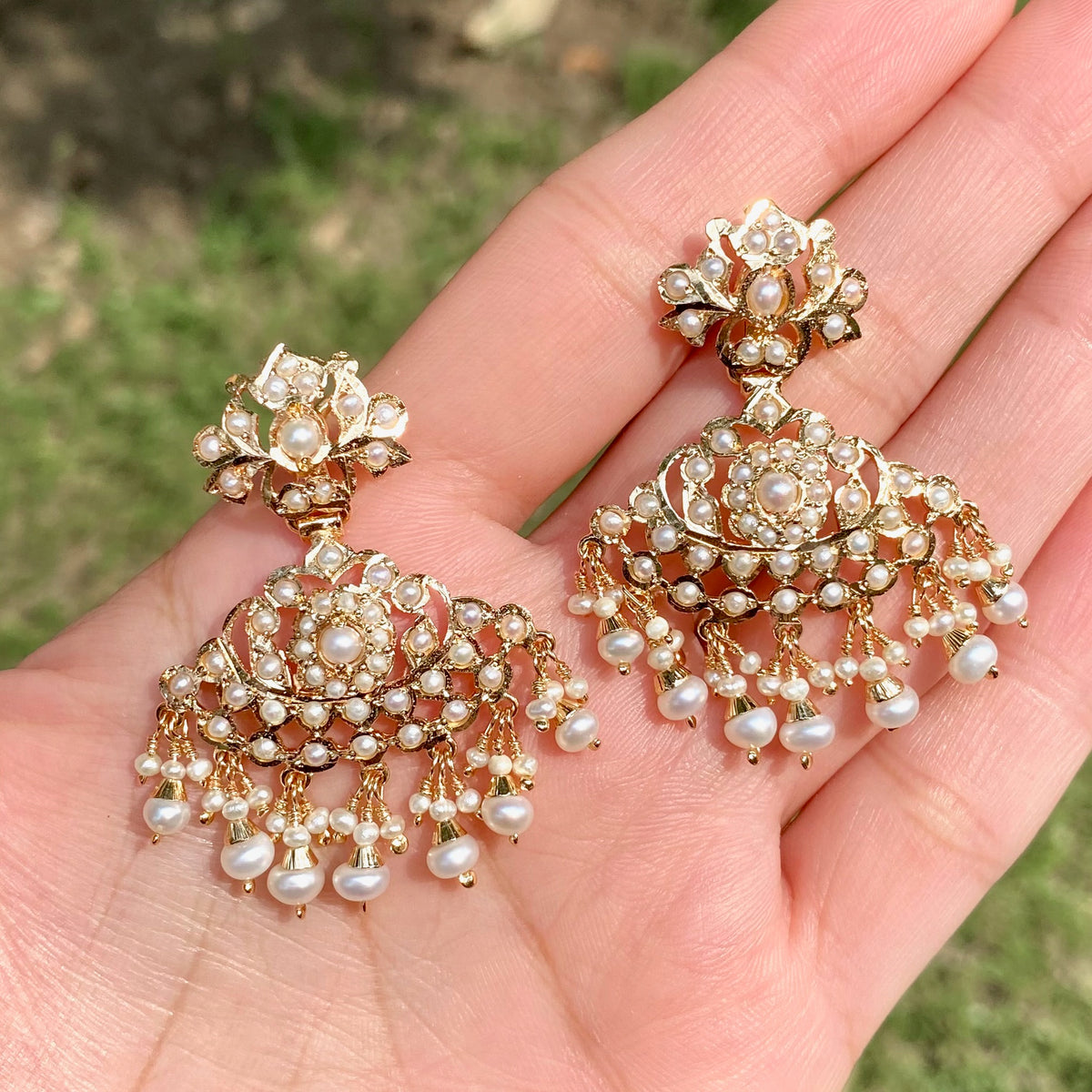 Dainty Pearl Jadau Drop Earrings in Gold-Plated 925 Silver ER 822
