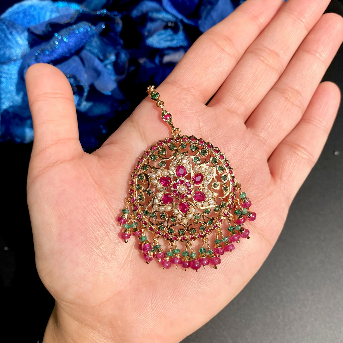 Multicolored Jadau Maang Teeka for Women | Gold Plated on Sterling Silver  TK 109