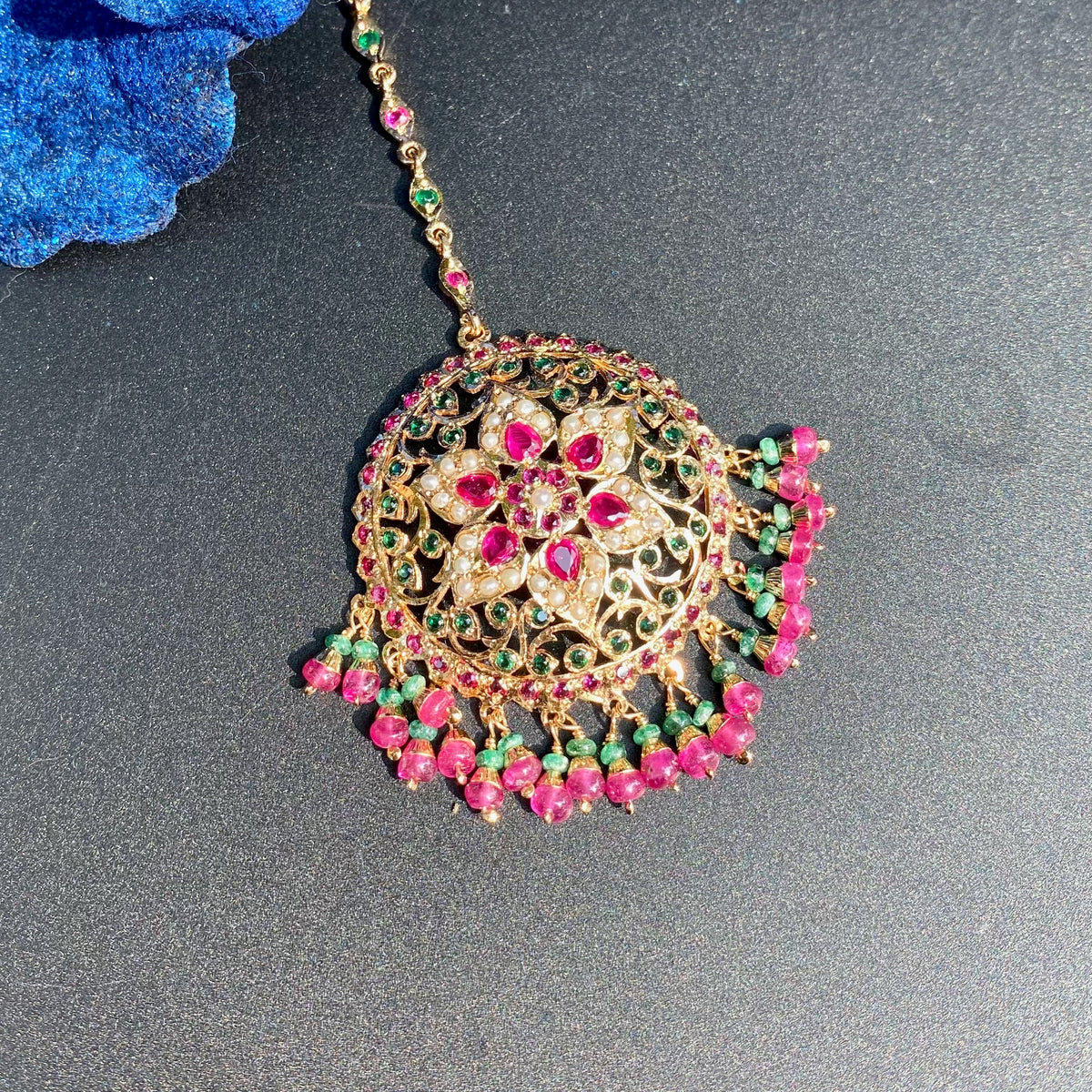 Multicolored Jadau Maang Teeka for Women | Gold Plated on Sterling Silver  TK 109