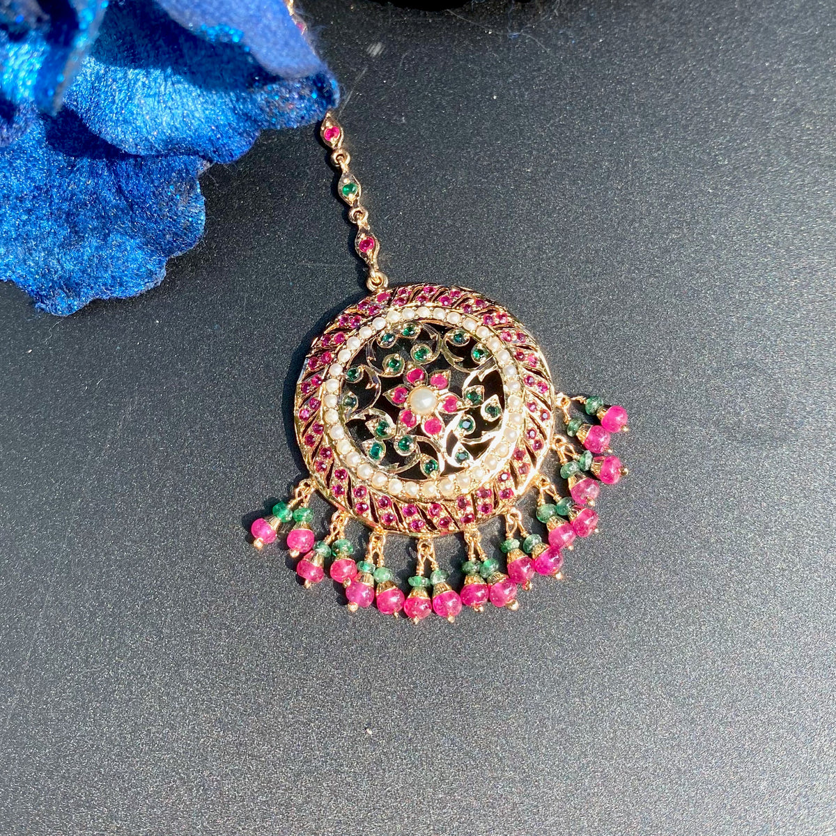Multicolored Round Jadau Maang Tikka in Gold-Plated 925 Silver TK 110