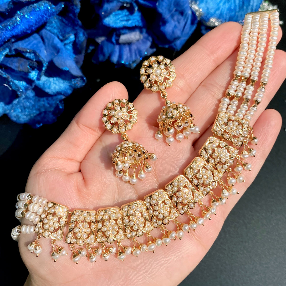 Pearl Jadau Choker Set with Jhumka Earrings in Gold-Plated 925 Silver NS 502