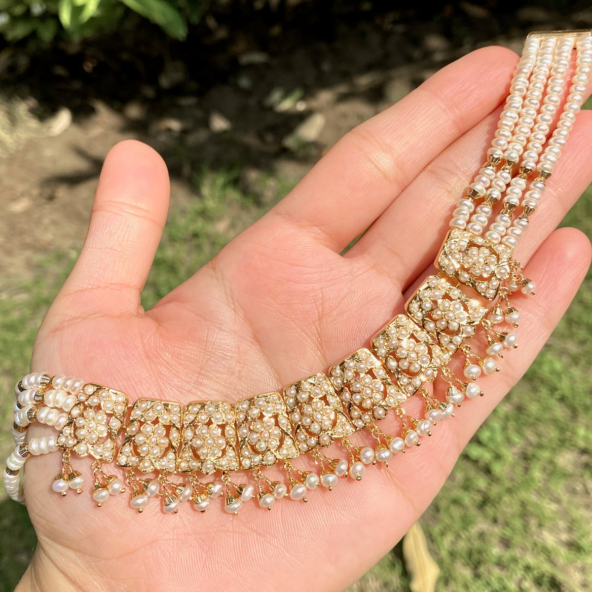 Pearl Jadau Choker Set with Jhumka Earrings in Gold-Plated 925 Silver NS 502