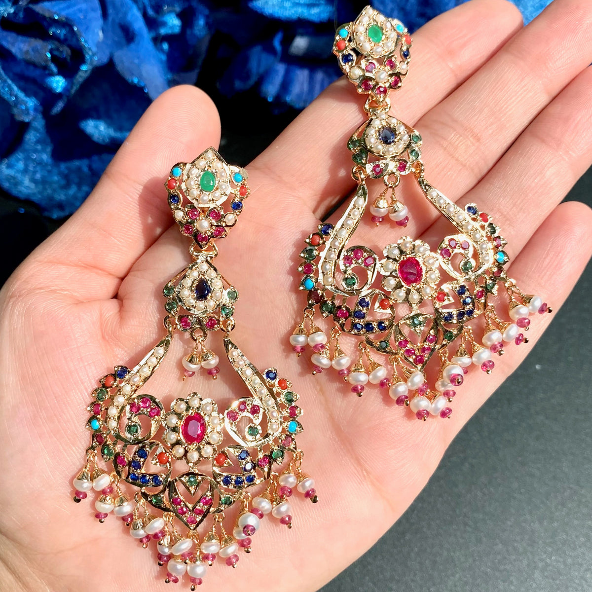 Exquisite Jadau Navratna Set with Statement Earrings | Gold Plated on 925 Silver NS 500