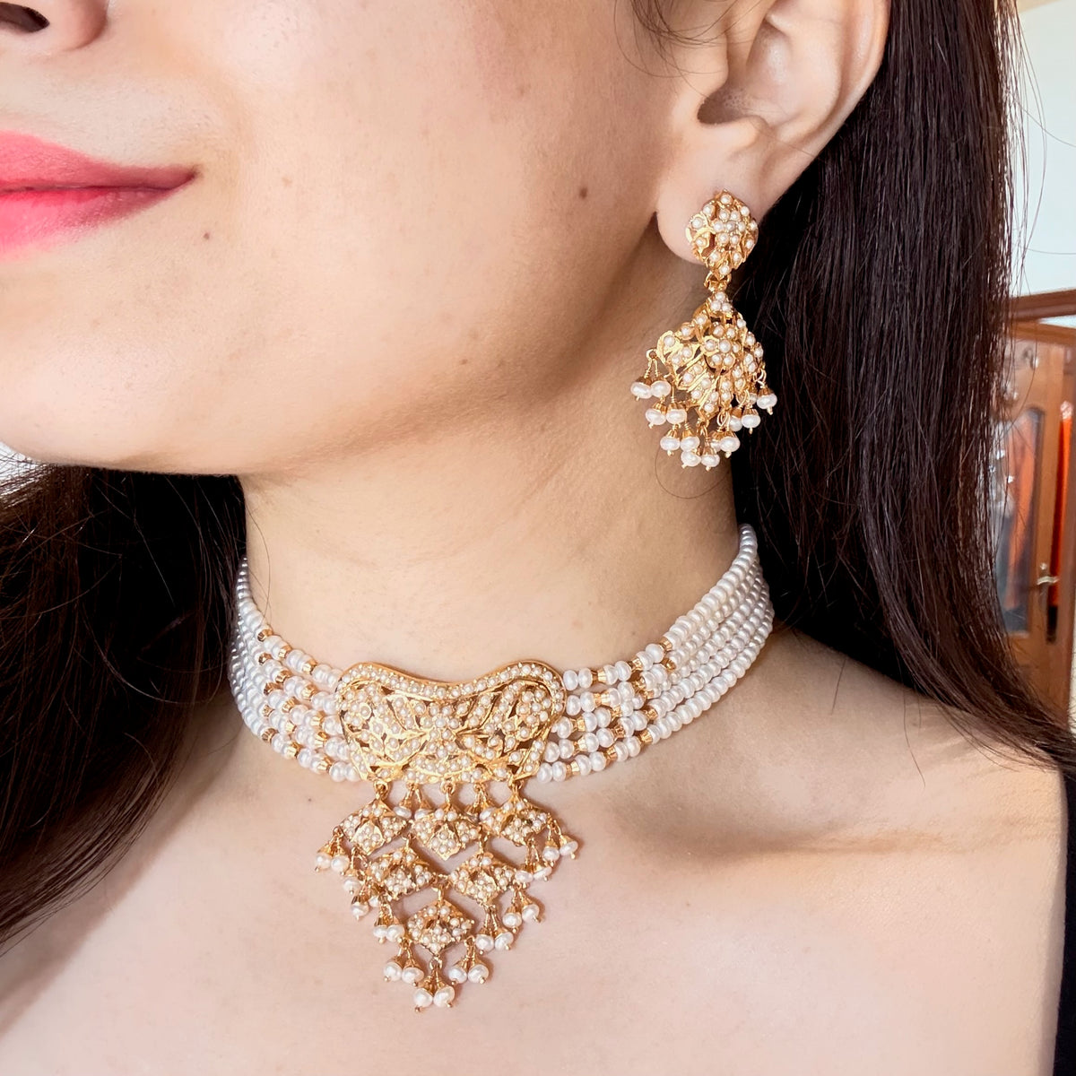 Jaal Wala Pearl Choker Set with Drop Earrings | Gold Plated on Silver NS 509