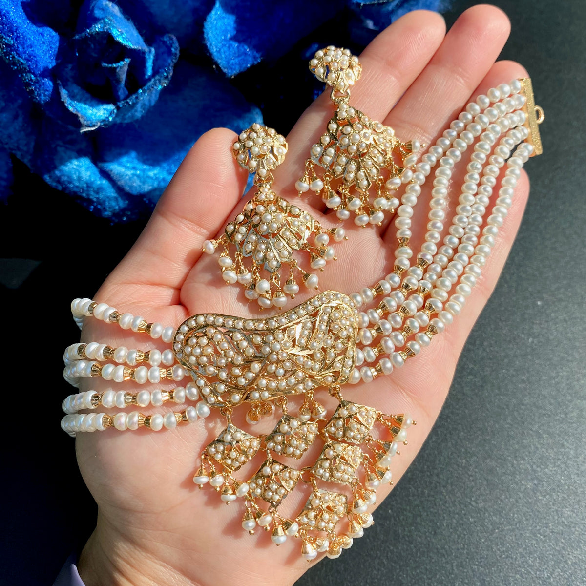 Jaal Wala Pearl Choker Set with Drop Earrings | Gold Plated on Silver NS 509