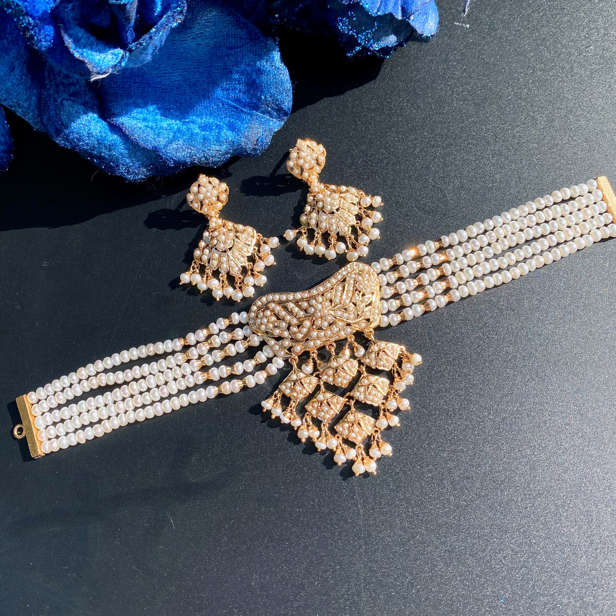 Jaal Wala Pearl Choker Set with Drop Earrings | Gold Plated on Silver NS 509