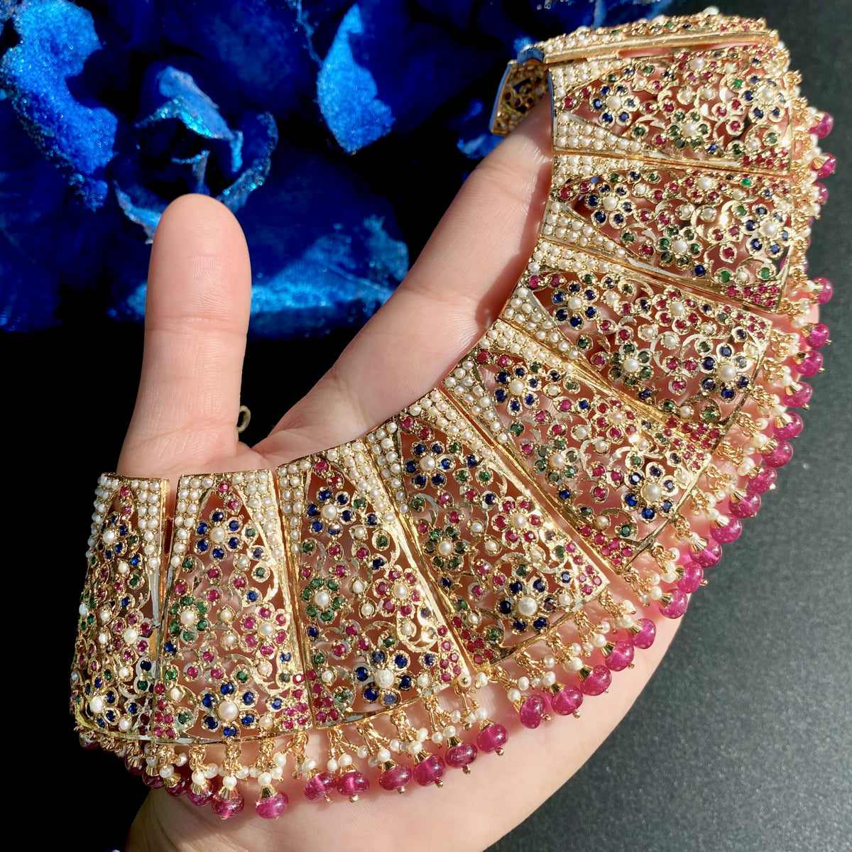 Bridal Wear Jadau Guluband with Multicolored Stones & Pearls | Gold Plated on Silver NS 507