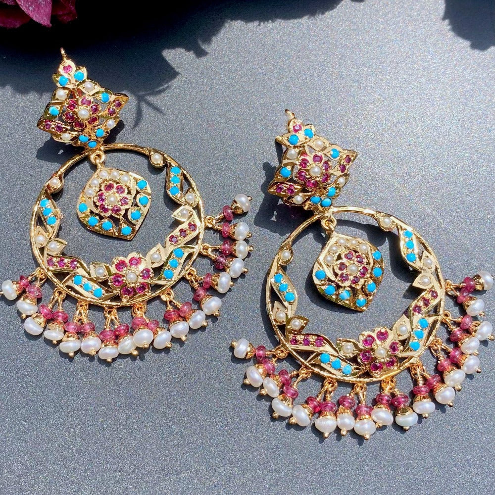 ruby firoza chandbali in gold polished silver