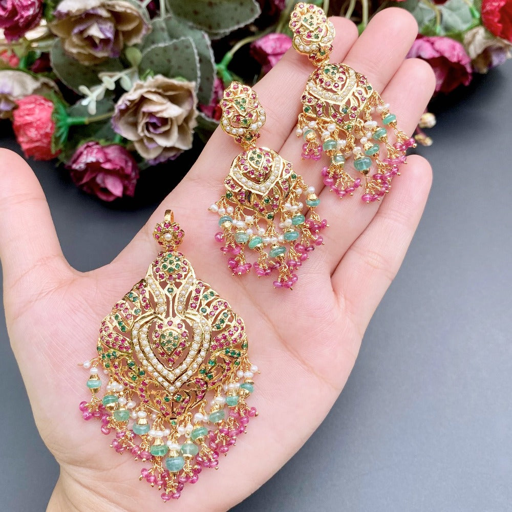rajasthani multicolored pendant set in gold plated silver