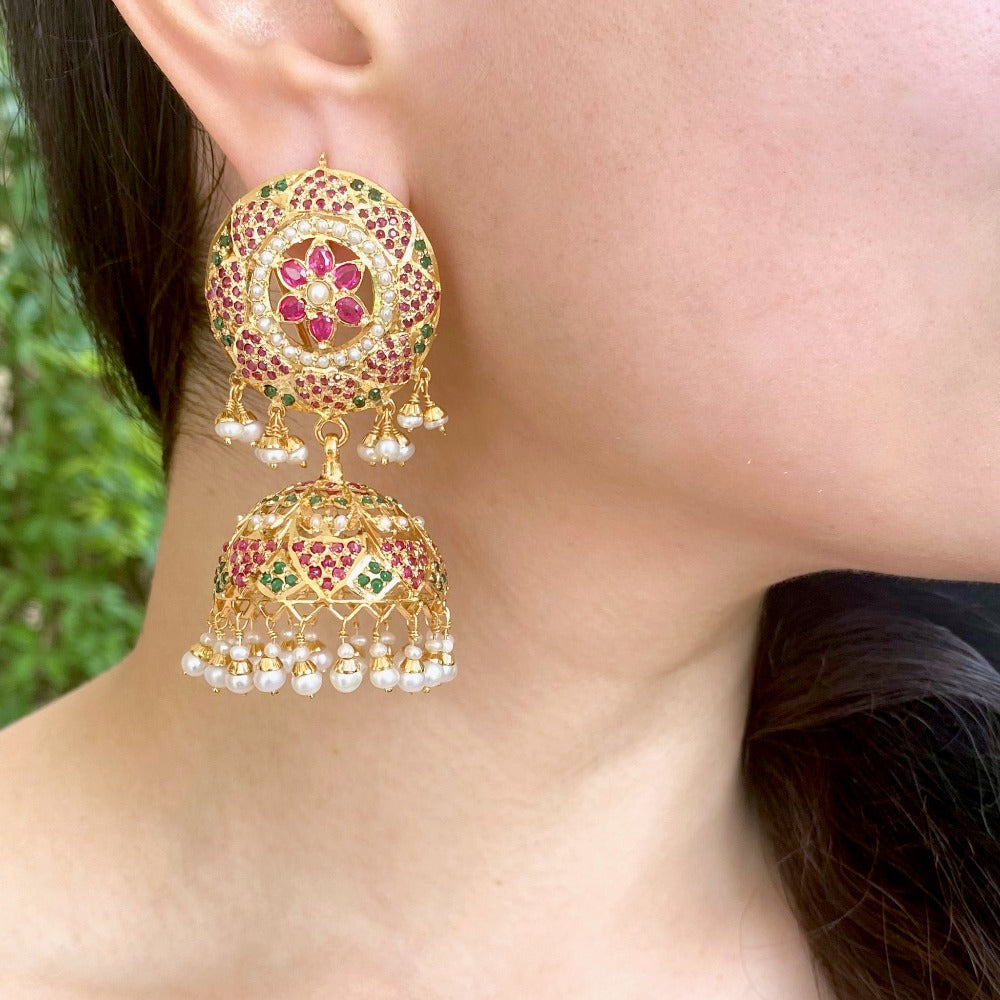 Gold Plated Jhumka Earrings in Sterling Silver studded with stones ER 533