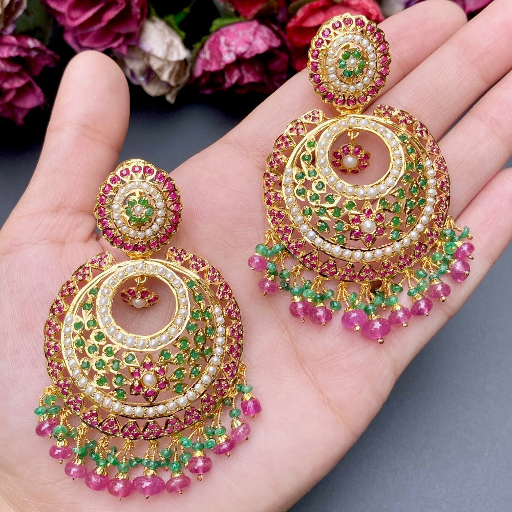 गोल्ड प्लेटेड रूबी एमरल्ड पर्ल चांदबाली इयररिंग सिल्वर ER 216A में