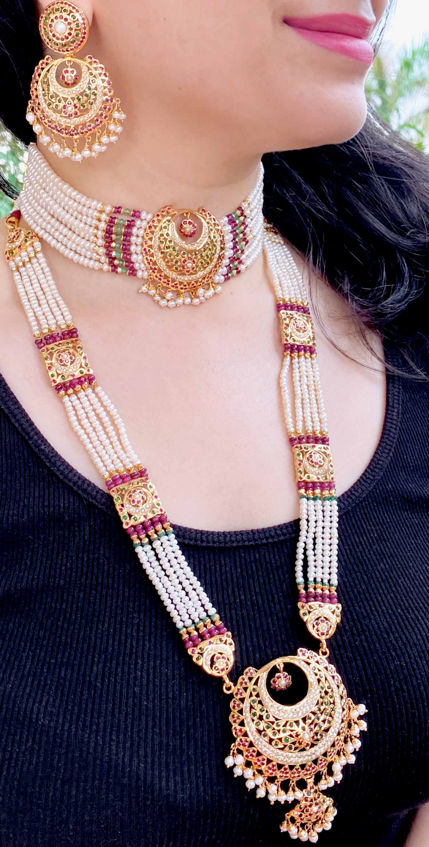 Exquisite Jadau Rani Haar Set | Tricoloured Rani Haar | Freshwater Pearls NS 440