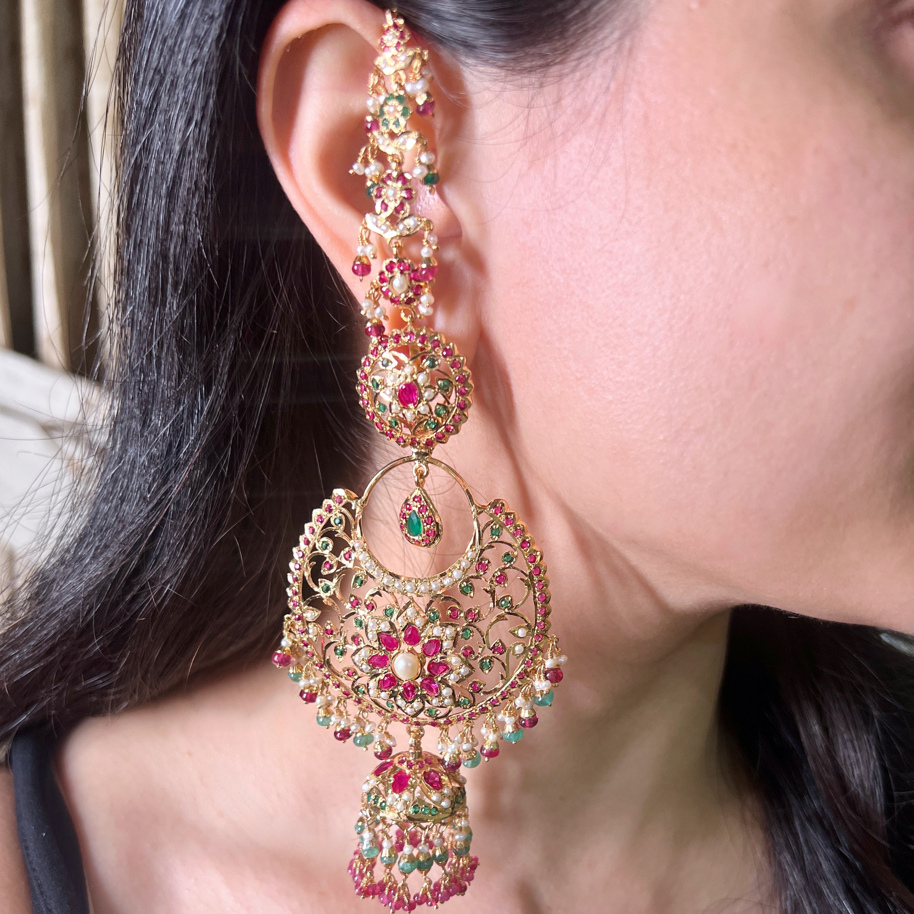 long antique chandbali earrings with jhumka at the bottom