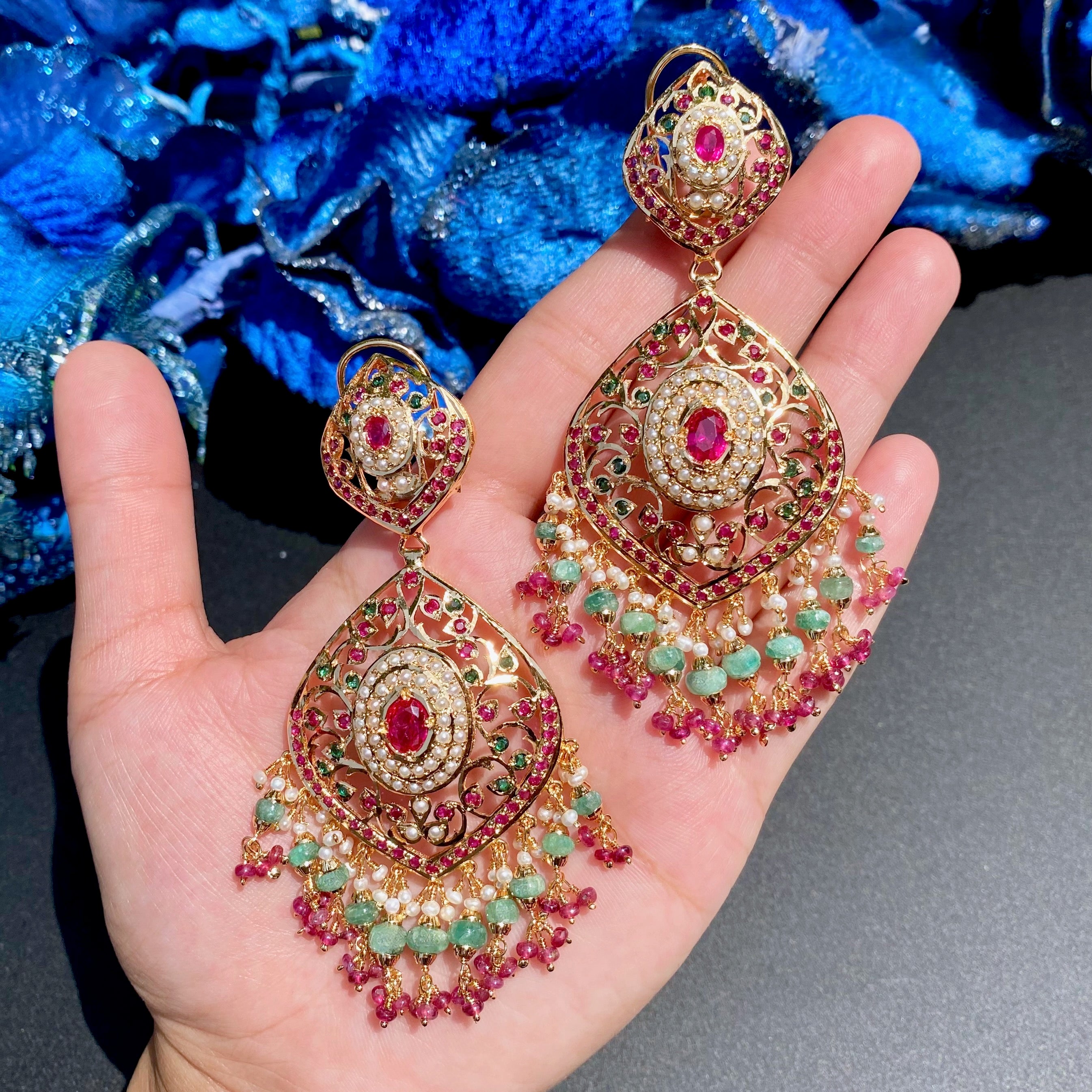 Statement Jadau Earrings | Ruby Emerald Earrings Online ER 622
